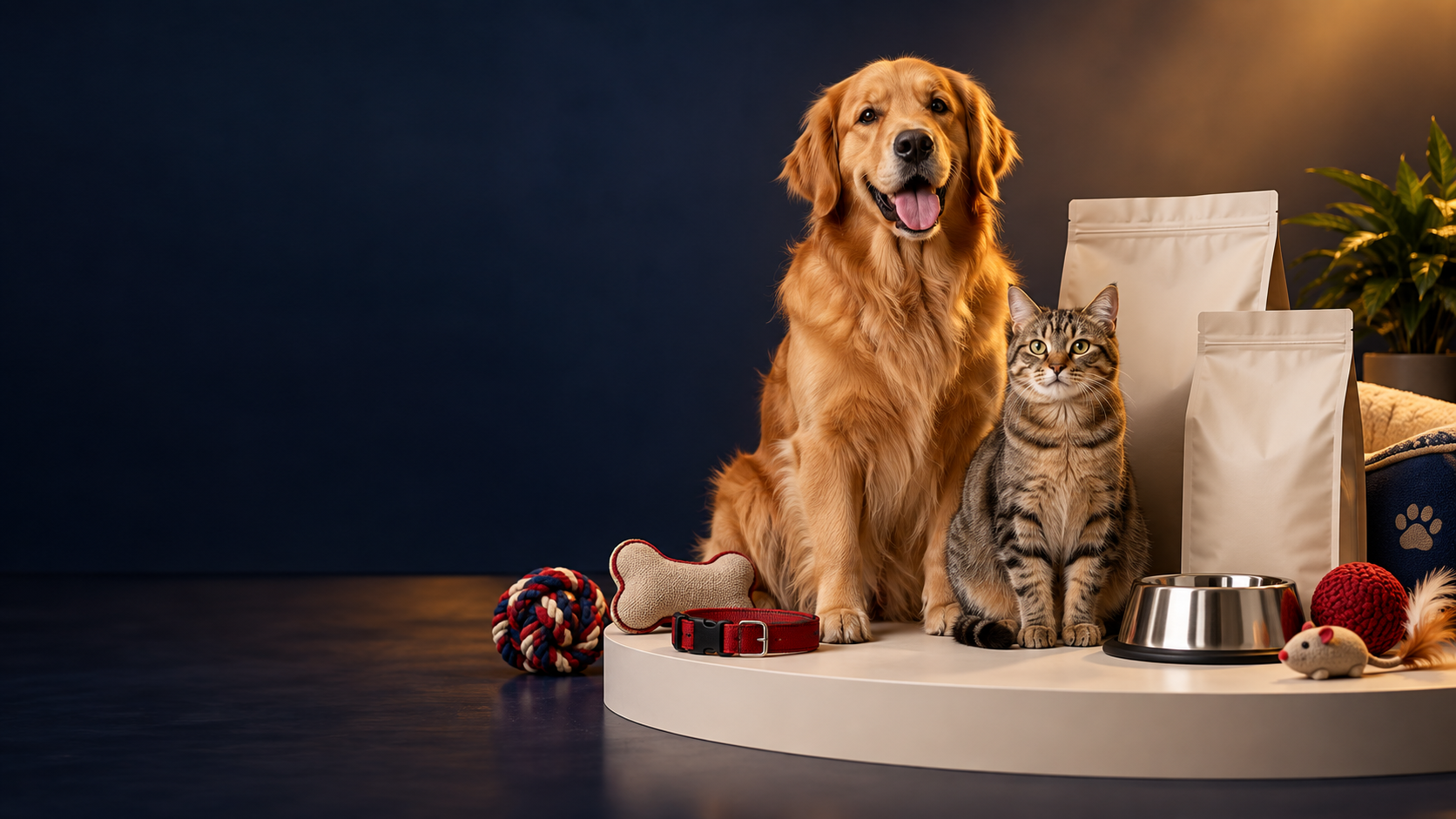 Cão e gato ao lado de rações e acessórios para pets